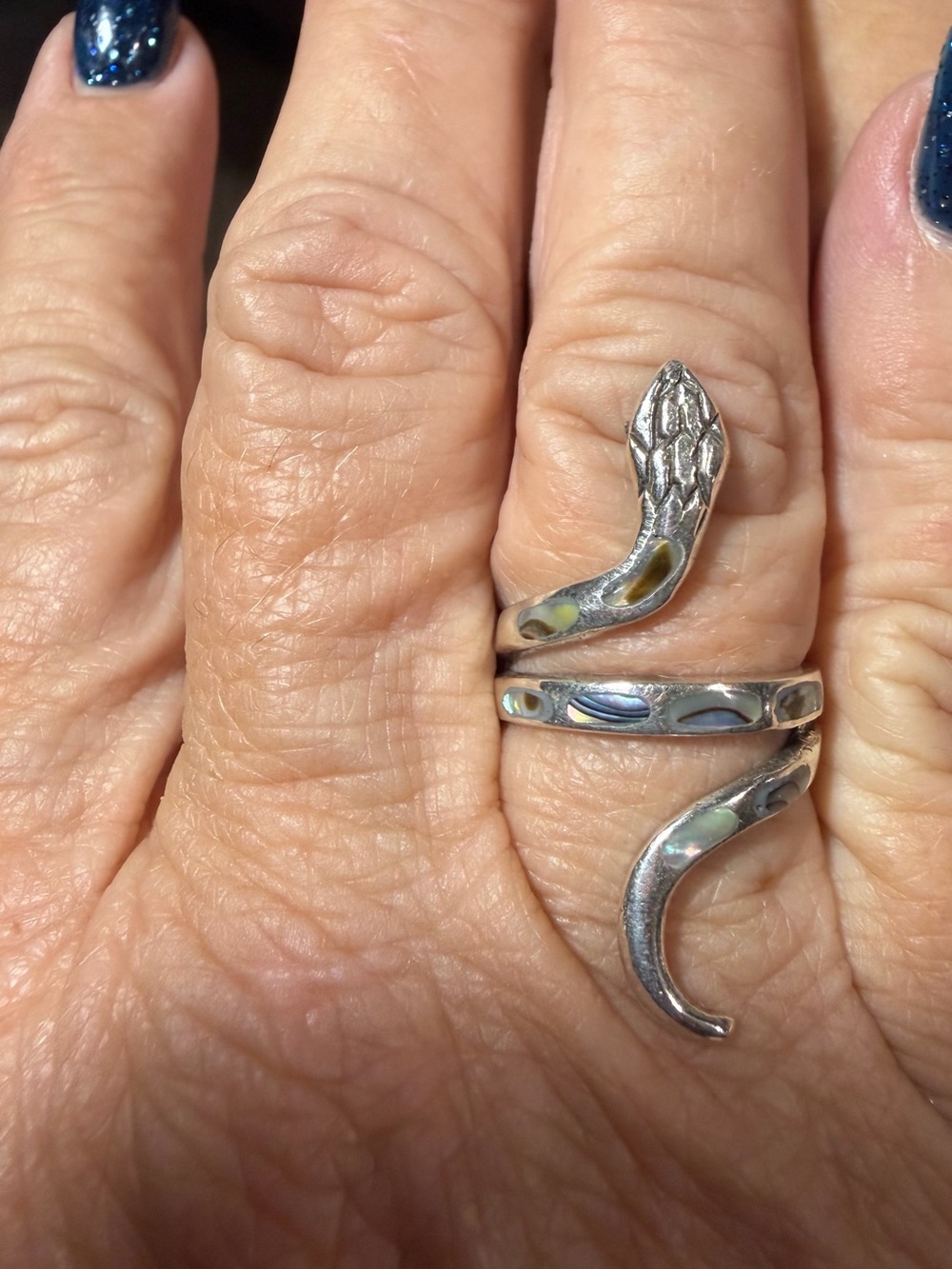 NEW Sterling Silver 925 Abalone Inlay Snake Wrap Ring Size 6.5–6.75 Serpent
